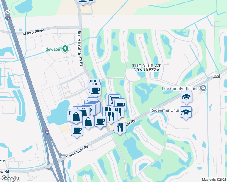 map of restaurants, bars, coffee shops, grocery stores, and more near 20300 Burnside Place in Estero