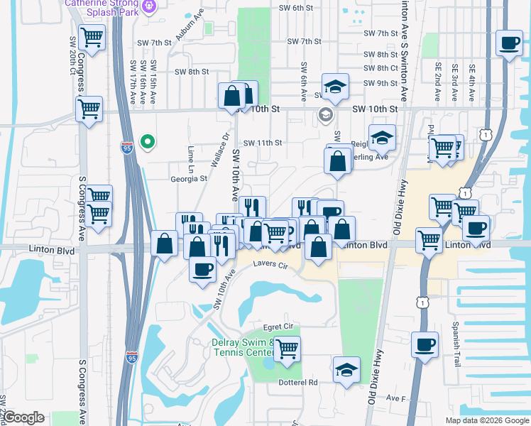 map of restaurants, bars, coffee shops, grocery stores, and more near 15881 Southwest 8th Avenue in Delray Beach