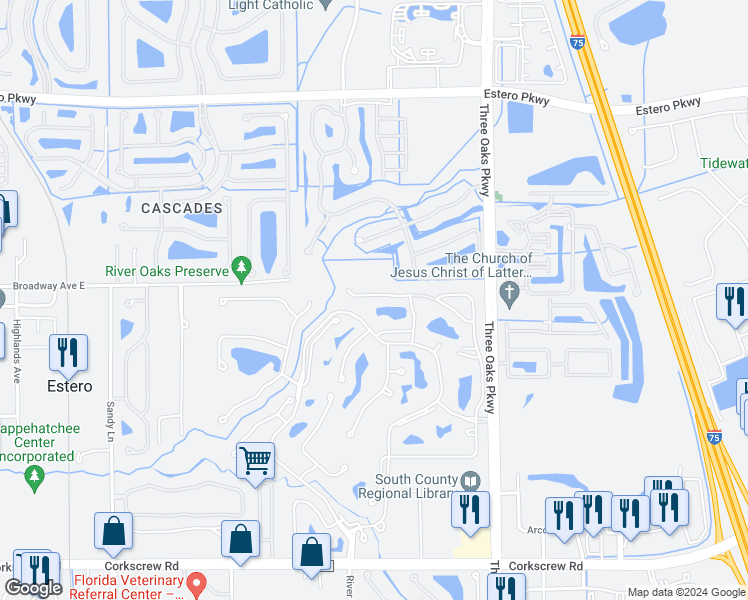 map of restaurants, bars, coffee shops, grocery stores, and more near 20576 Candlewood Hollow in Estero