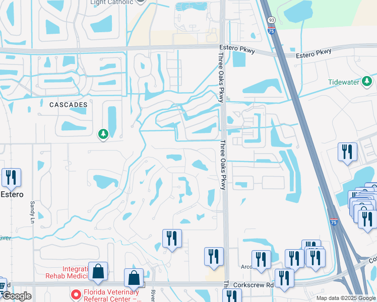 map of restaurants, bars, coffee shops, grocery stores, and more near 20617 Candlewood Hollow in Estero