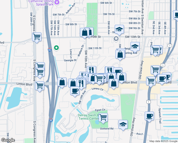 map of restaurants, bars, coffee shops, grocery stores, and more near 905 Southridge Road in Delray Beach