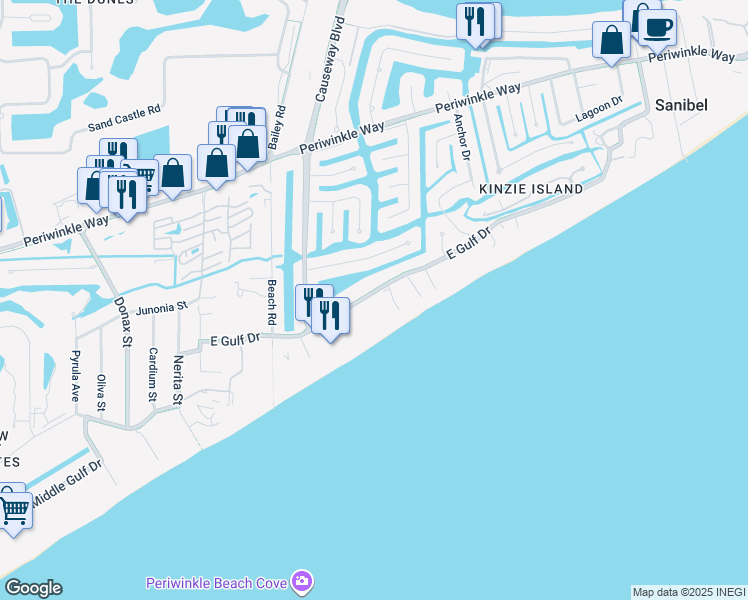map of restaurants, bars, coffee shops, grocery stores, and more near 845 East Gulf Drive in Sanibel