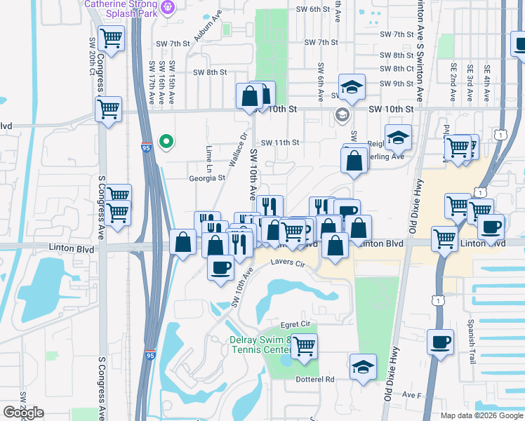 map of restaurants, bars, coffee shops, grocery stores, and more near 905 Southridge Road in Delray Beach