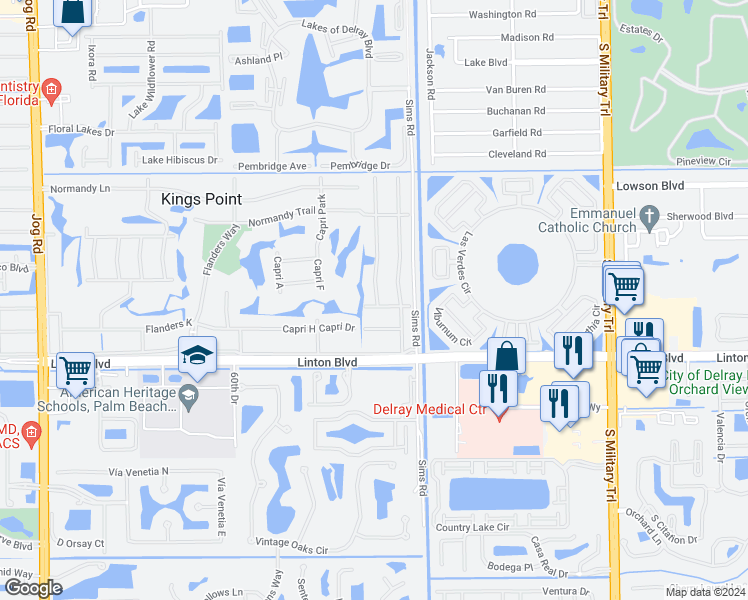 map of restaurants, bars, coffee shops, grocery stores, and more near 38 Burgundy Avenue in Delray Beach