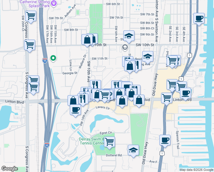 map of restaurants, bars, coffee shops, grocery stores, and more near 2445 Southridge Road in Delray Beach