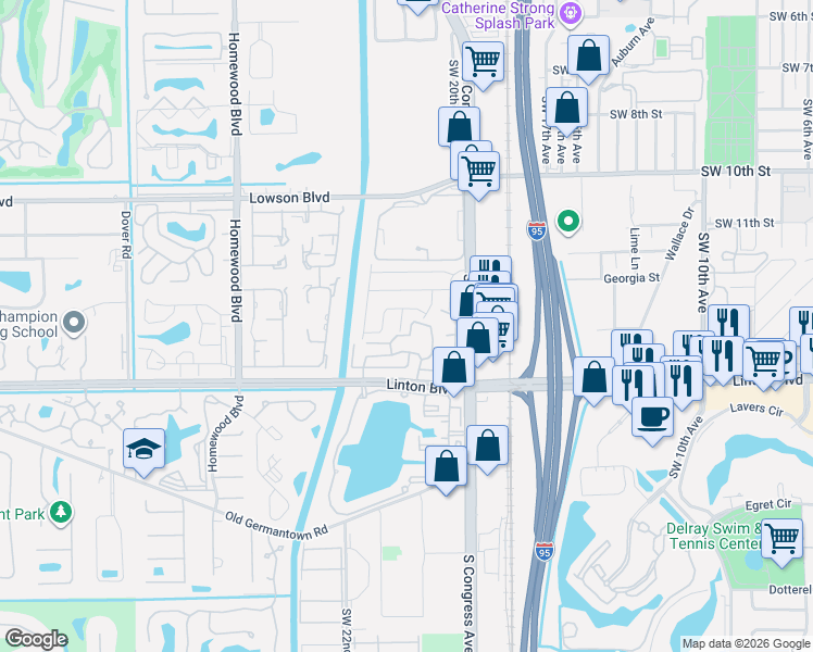map of restaurants, bars, coffee shops, grocery stores, and more near 1327 Southwest 21st Terrace in Delray Beach