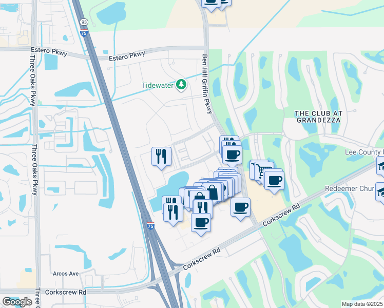 map of restaurants, bars, coffee shops, grocery stores, and more near 11141 Everblades Parkway in Estero