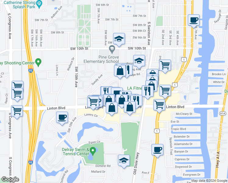 map of restaurants, bars, coffee shops, grocery stores, and more near 2259 Linton Ridge Circle in Delray Beach