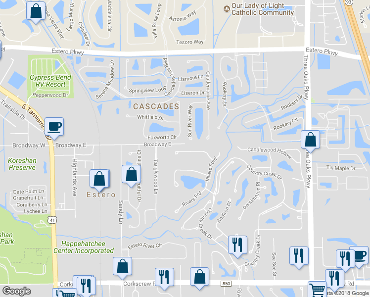 map of restaurants, bars, coffee shops, grocery stores, and more near 9227 Lanthorn Way in Estero