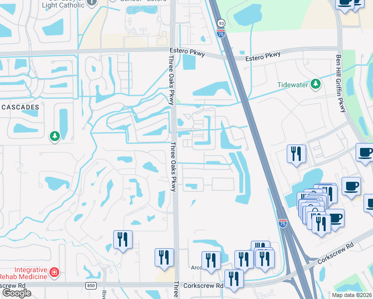 map of restaurants, bars, coffee shops, grocery stores, and more near 20150 Estero Gardens Circle in Estero