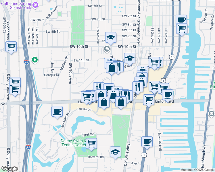 map of restaurants, bars, coffee shops, grocery stores, and more near 2259 Linton Ridge Circle in Delray Beach