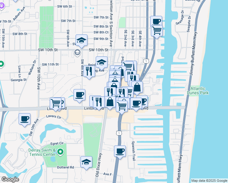 map of restaurants, bars, coffee shops, grocery stores, and more near 1648 South Federal Highway in Delray Beach