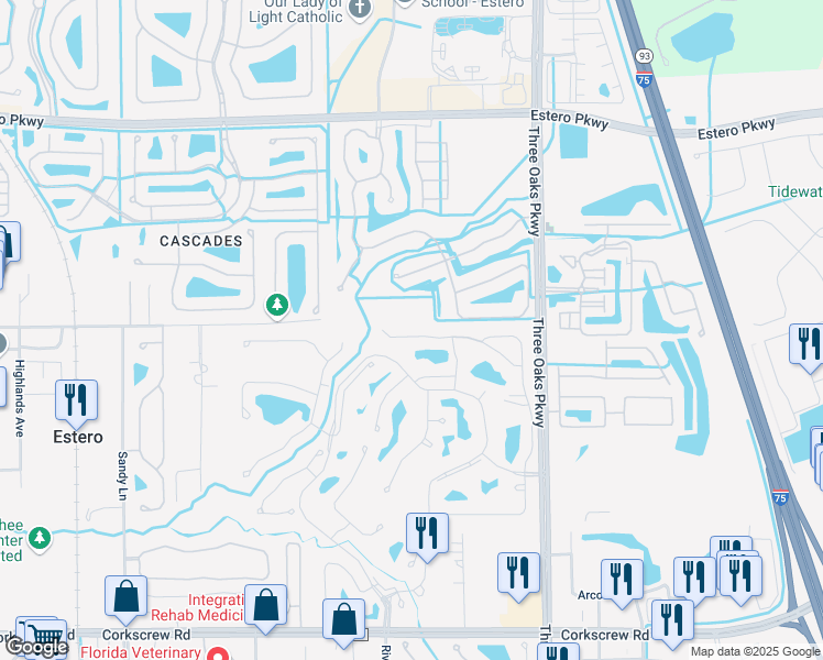 map of restaurants, bars, coffee shops, grocery stores, and more near 20581 Candlewood Hollow in Estero