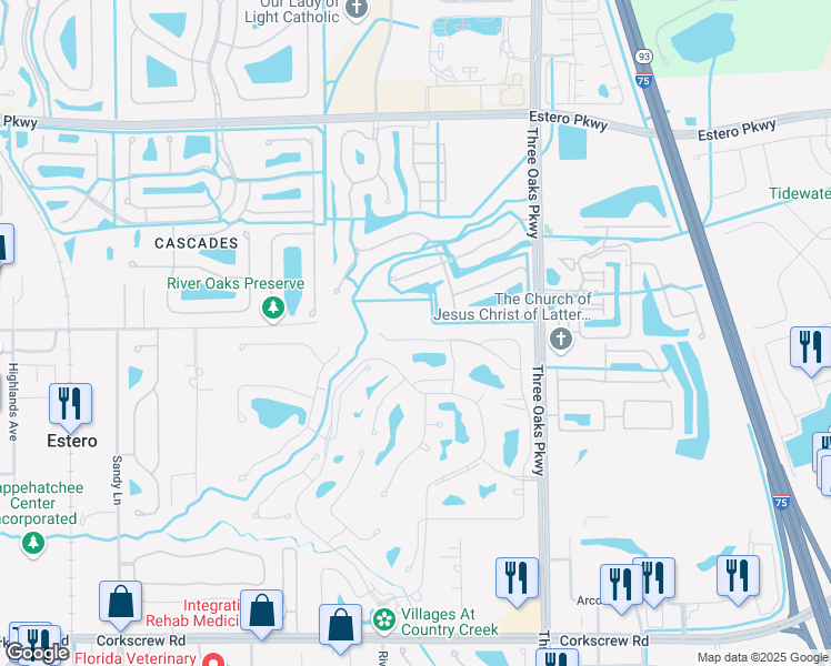 map of restaurants, bars, coffee shops, grocery stores, and more near 20581 Candlewood Hollow in Estero