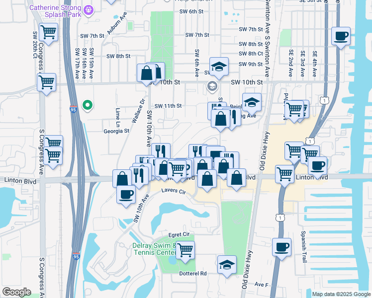 map of restaurants, bars, coffee shops, grocery stores, and more near 2445 Southridge Road in Delray Beach