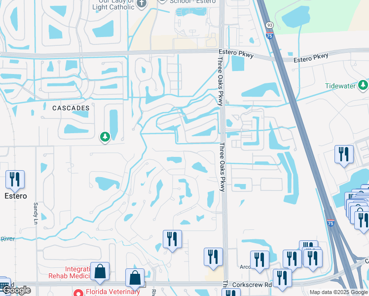 map of restaurants, bars, coffee shops, grocery stores, and more near 20617 Candlewood Hollow in Estero