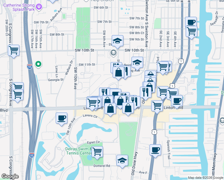 map of restaurants, bars, coffee shops, grocery stores, and more near 2259 Linton Ridge Circle in Delray Beach