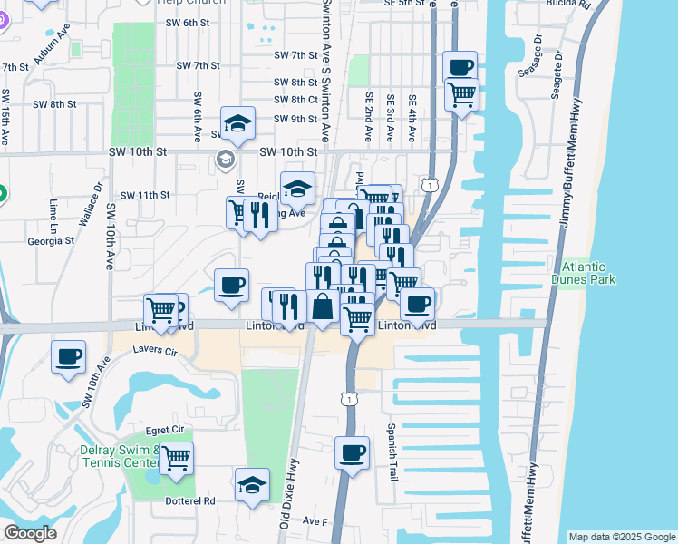 map of restaurants, bars, coffee shops, grocery stores, and more near 1648 South Federal Highway in Delray Beach