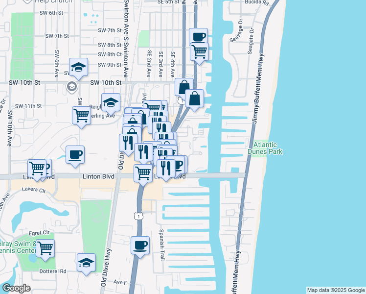 map of restaurants, bars, coffee shops, grocery stores, and more near 555 Banyan Tree Lane in Delray Beach