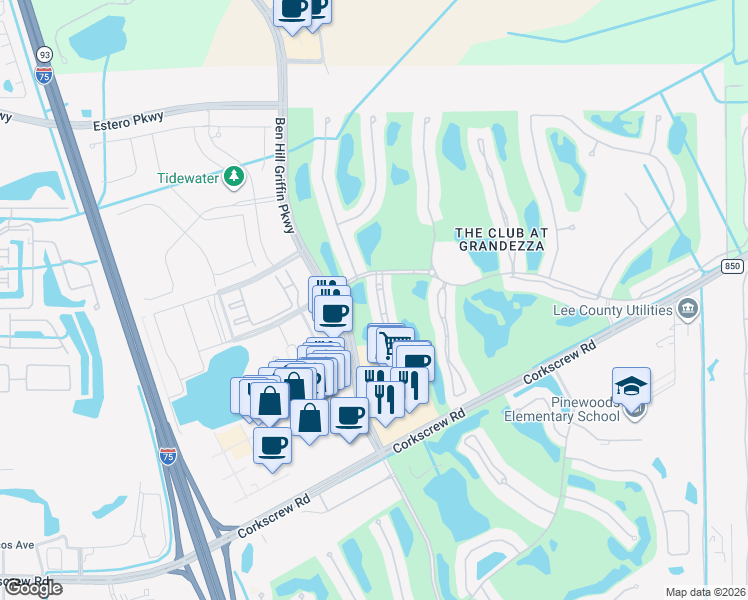 map of restaurants, bars, coffee shops, grocery stores, and more near 20220 Burnside Place in Estero