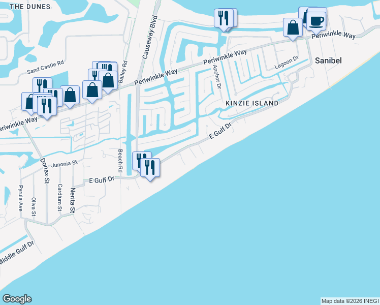 map of restaurants, bars, coffee shops, grocery stores, and more near 827 East Gulf Drive in Sanibel