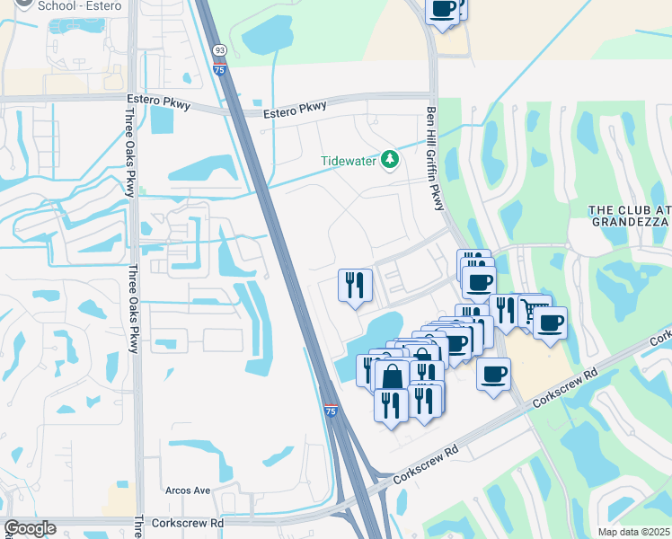map of restaurants, bars, coffee shops, grocery stores, and more near 10529 Tidewater Key Boulevard in Estero