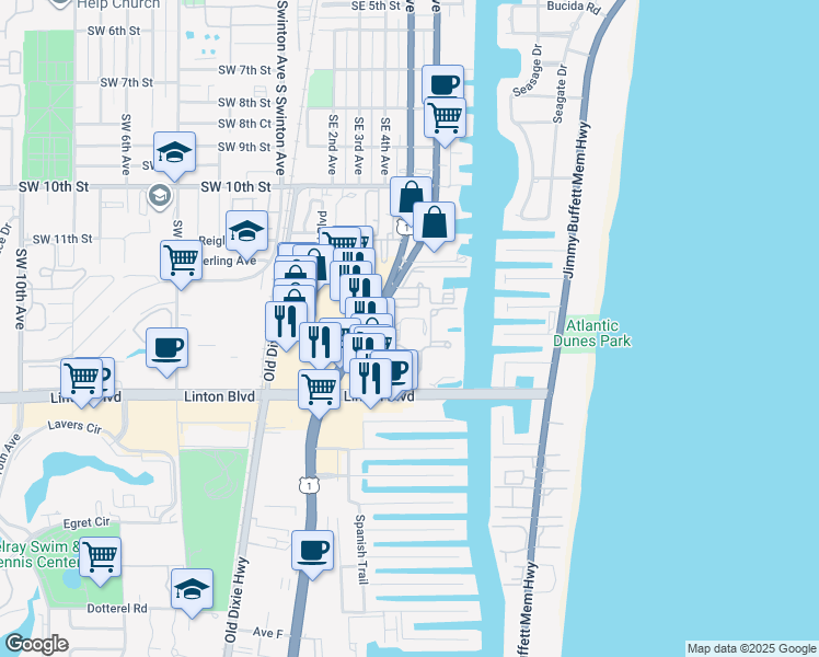 map of restaurants, bars, coffee shops, grocery stores, and more near 555 Banyan Tree Lane in Delray Beach