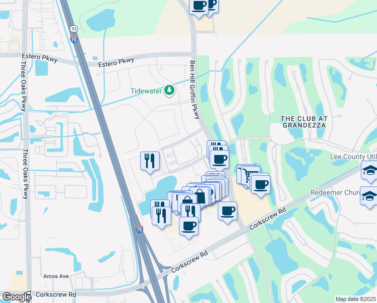 map of restaurants, bars, coffee shops, grocery stores, and more near 11141 Everblades Parkway in Estero