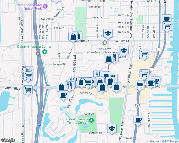 map of restaurants, bars, coffee shops, grocery stores, and more near 2445 Southridge Road in Delray Beach