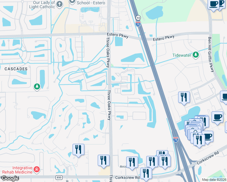 map of restaurants, bars, coffee shops, grocery stores, and more near 20160 Estero Gardens Circle in Estero