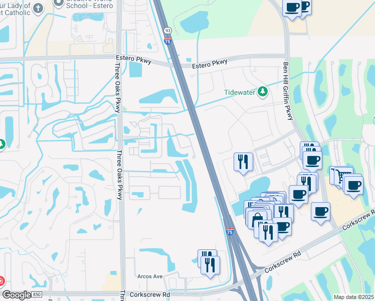 map of restaurants, bars, coffee shops, grocery stores, and more near 10127 Villagio Palms Way in Estero