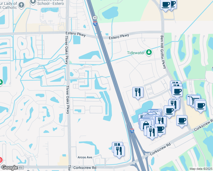 map of restaurants, bars, coffee shops, grocery stores, and more near 10127 Villagio Palms Way in Estero