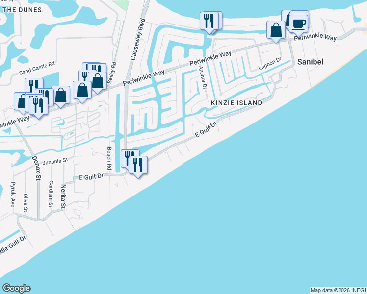map of restaurants, bars, coffee shops, grocery stores, and more near 827 East Gulf Drive in Sanibel