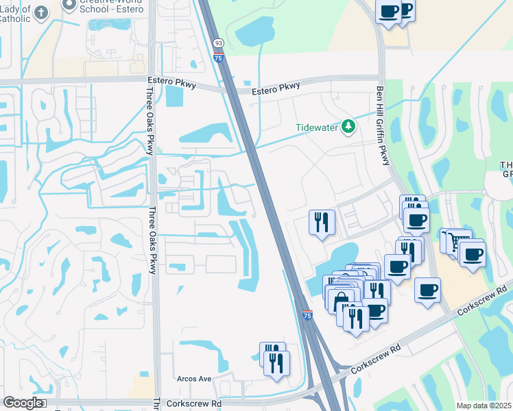 map of restaurants, bars, coffee shops, grocery stores, and more near 10127 Villagio Palms Way in Estero