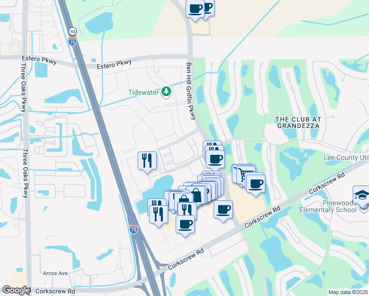 map of restaurants, bars, coffee shops, grocery stores, and more near 11141 Everblades Parkway in Estero