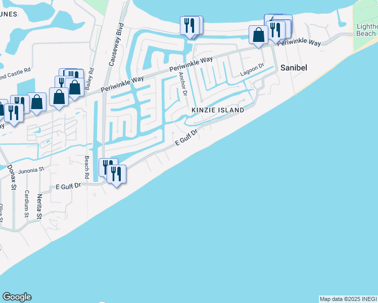 map of restaurants, bars, coffee shops, grocery stores, and more near 671 East Gulf Drive in Sanibel