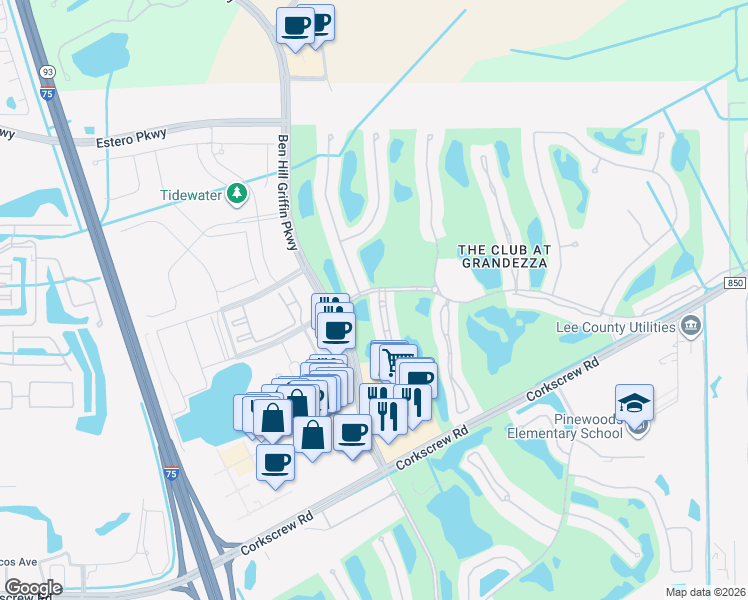 map of restaurants, bars, coffee shops, grocery stores, and more near 20200 Burnside Place in Estero