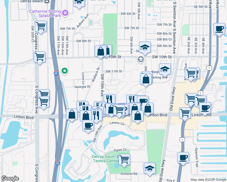 map of restaurants, bars, coffee shops, grocery stores, and more near 2550 Ella Street in Delray Beach