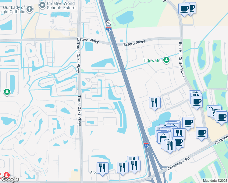 map of restaurants, bars, coffee shops, grocery stores, and more near 10115 Villagio Palms Way in Estero