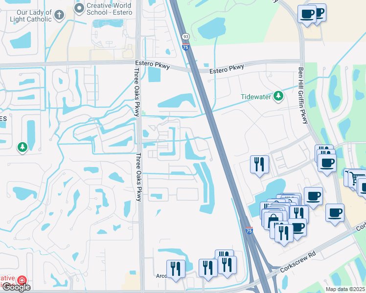 map of restaurants, bars, coffee shops, grocery stores, and more near 10101 Villagio Palms Way in Estero