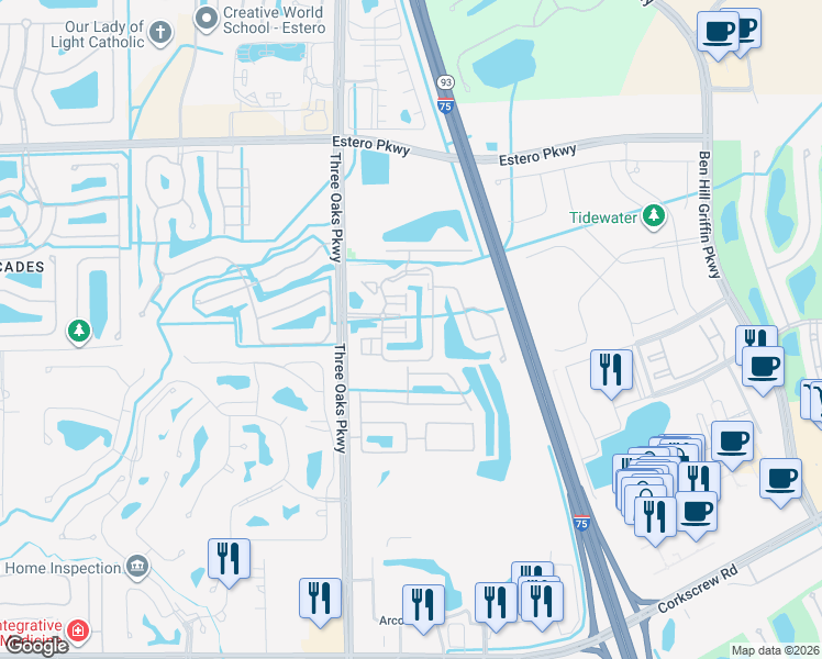 map of restaurants, bars, coffee shops, grocery stores, and more near 20361 Estero Gardens Circle in Estero
