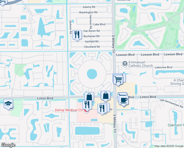 map of restaurants, bars, coffee shops, grocery stores, and more near 5370 Las Verdes Circle in Delray Beach