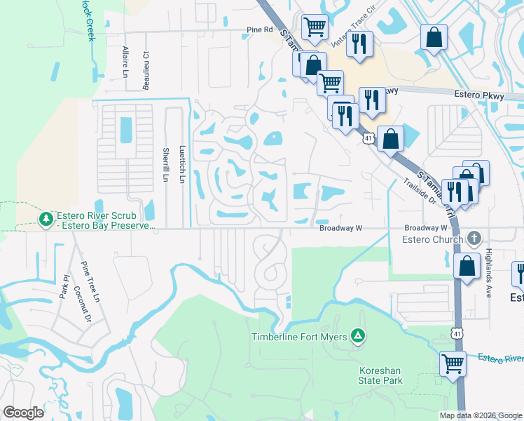 map of restaurants, bars, coffee shops, grocery stores, and more near 20121 Ian Court in Estero