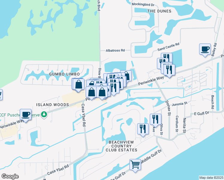 map of restaurants, bars, coffee shops, grocery stores, and more near 915 Fitzhugh Street in Sanibel