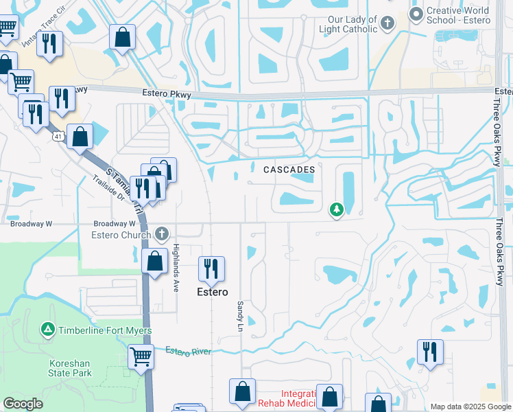 map of restaurants, bars, coffee shops, grocery stores, and more near 9101 Broadway East in Estero