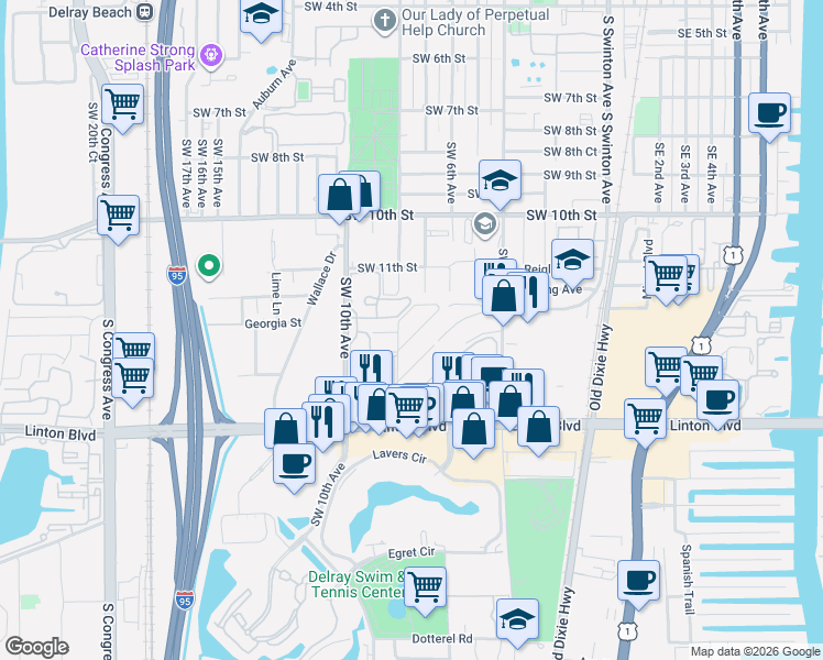 map of restaurants, bars, coffee shops, grocery stores, and more near 2474 Douglas Avenue in Delray Beach
