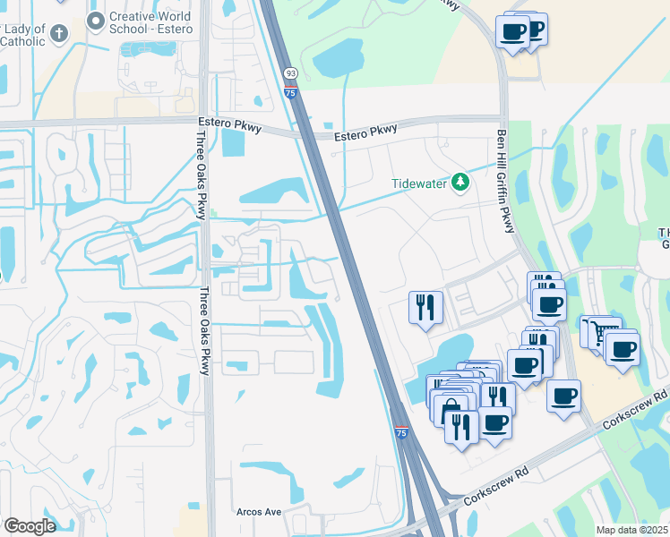 map of restaurants, bars, coffee shops, grocery stores, and more near 20257 Royal Villagio Court in Estero