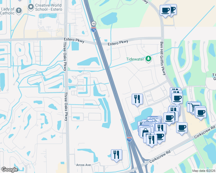 map of restaurants, bars, coffee shops, grocery stores, and more near 20251 Royal Villagio Court in Estero