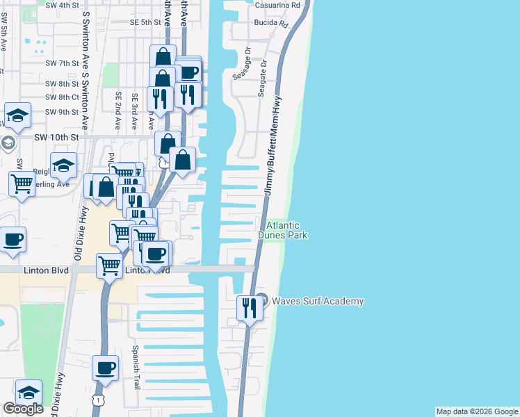 map of restaurants, bars, coffee shops, grocery stores, and more near 1225 South Ocean Boulevard in Delray Beach