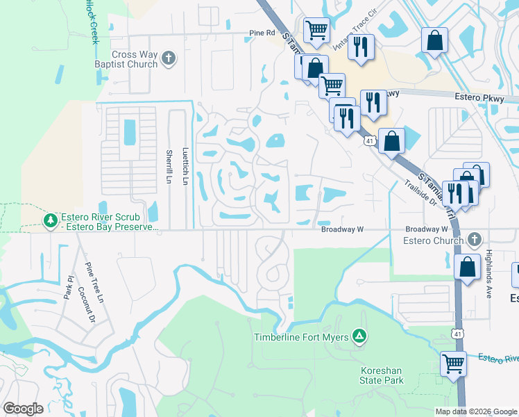 map of restaurants, bars, coffee shops, grocery stores, and more near 20121 Ian Court in Estero